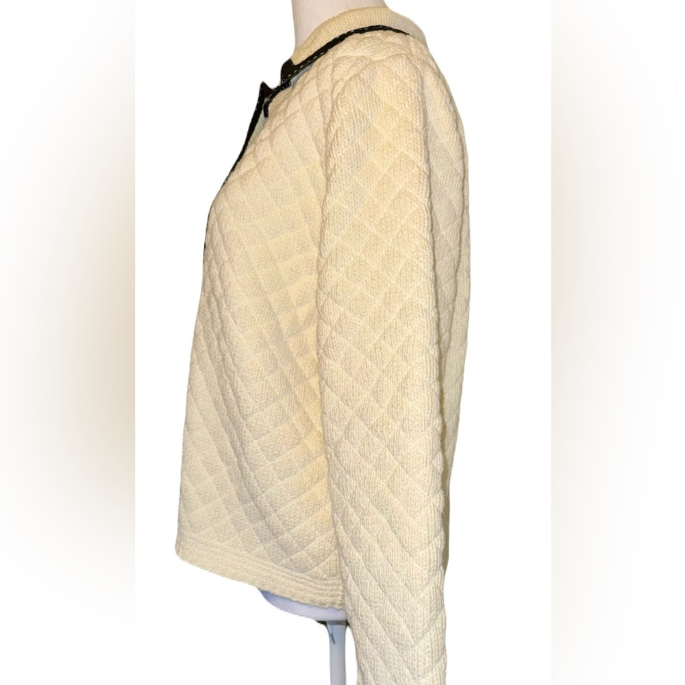 Vintage Doncaster Ivory Quilted Lined Sweater Jacket with Black Leather Trim - Picture 11 of 15